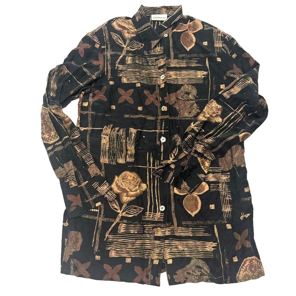 VTG Liz Clairborne Silk Blouse Women's 4 Black Whimsygoth Roses Dark Romantic